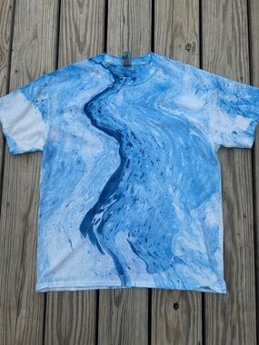 New Large  Handmade Tie Dye T-Shirt Handmade Tye Die Adult Marble Blue